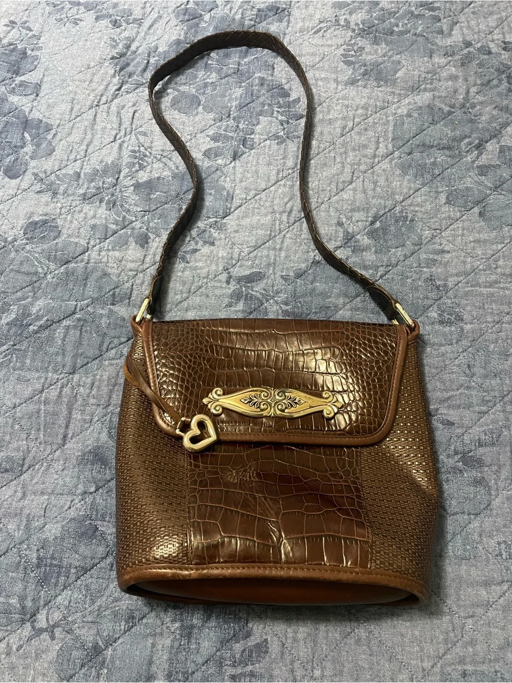 Brighton Brown Croc-Textured Shoulder Bag with Gold Accent